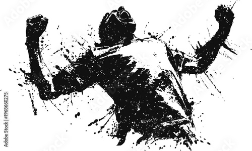 Dynamic silhouette of a joyful person celebrating with raised arms and splatter paint effect