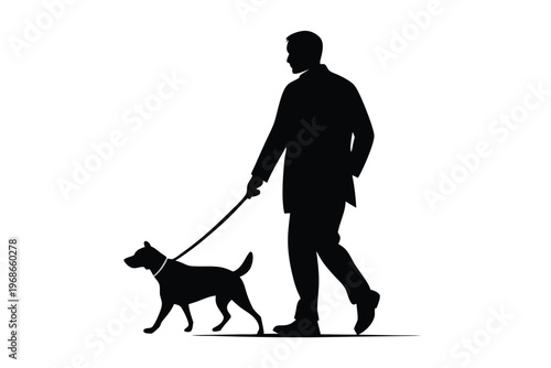 man walking with dog silhouette line art vector illustration with a white background