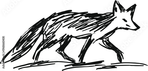 Hand drawn fox walking sketch in black ink wild animal silhouette with simple dynamic lines