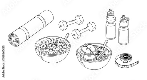 Healthy Lifestyle Oatmeal Vector with Yoga, Dumbbells, Water, and Fitness Accessories