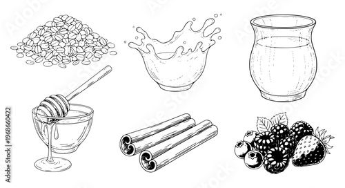 Oatmeal Ingredients Vector Icons with Oats, Milk, Honey, Cinnamon, and Berries