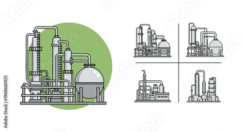 Complex diagram of an industrial chemical processing plant with various towers and a large spherical storage tank on a green circle background.