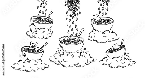Whimsical Oatmeal Bowls Vector with Floating Clouds, Rain of Oats, and Tiny Creatures