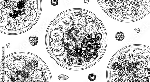 Oatmeal Bowls Vector with Fruits, Nuts, Seeds, Honey, and Chocolate Toppings
