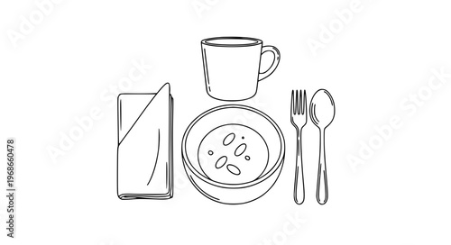 Minimalist Oatmeal Breakfast Vector Kit with Bowl, Utensils, Napkin, and Cup