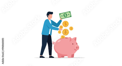 Man Saving Money in Piggy Bank Financial Planning Concept