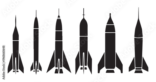 Silhouette set of aerospace rocket models with sleek fins and aerodynamic bodies for space flight mission.