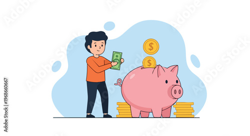 Young Man Saving Money in a Pink Piggy Bank Illustration