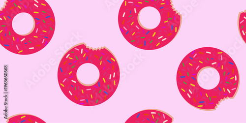 Seamless pattern with colorful donut shaped inflatable pool floats with sprinkles. Bright summer background perfect for textile, wrapping paper, beach and pool party design