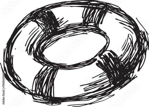 Hand drawn lifebuoy sketch, safety ring buoy with stripes, nautical rescue equipment illustration