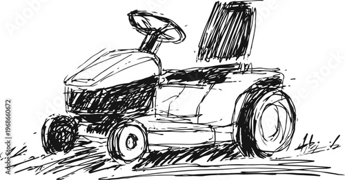 hand drawn lawn mower sketch with steering wheel and wheels on grass surface