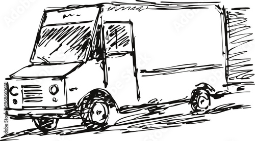 Hand drawn delivery truck illustration vintage commercial vehicle sketch with shading and lines
