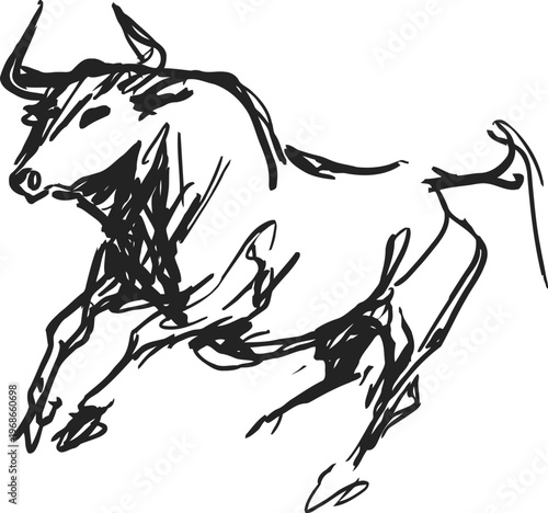 Sketch of a charging bull in dynamic motion with bold expressive lines and strong posture