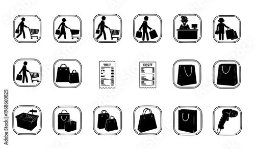 Framed retail shopping icons silhouette cashier vector set