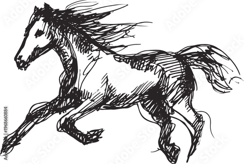 Running horse sketch hand drawn galloping stallion with flowing mane and tail in motion