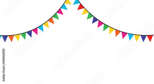 String of colorful triangular flags or bunting arranged in a celebratory arc across a white background for parties and festivals.
