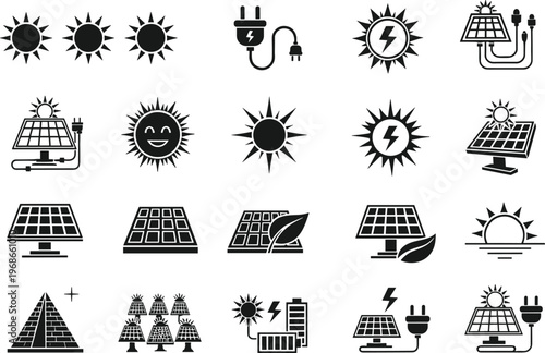 Solar Energy Vector Silhouette Icon Set Featuring Solar Panels Sun Symbols Electric Plugs Batteries And Sustainable Green Power Technology For Environment