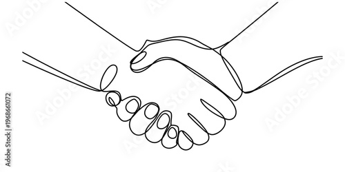 A minimalist single line drawing of two people joining hands in a friendly business handshake.
