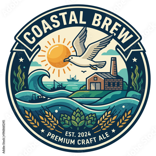 Coastal Brew packaging design label featuring a bird, sun, and water scene representing a craft ale brewery concept