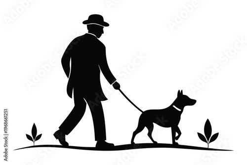 man walking with dog silhouette line art vector illustration with a white background