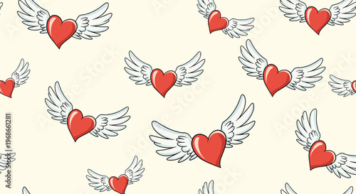 Seamless pattern of red hearts with white wings flying on a light cream background in a cute cartoon style for romantic themes.