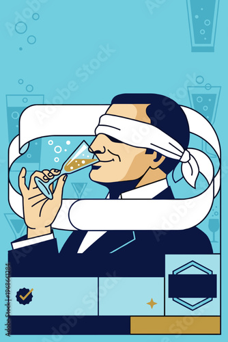 Blindfolded man tasting drink with a packaging design label in SVG format for branding and logo design