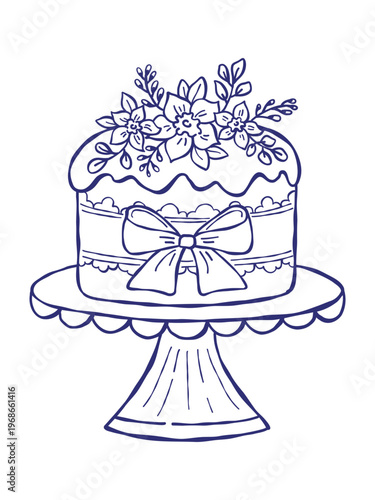 Easter cake doodle illustration. Vector hand drawn holiday pastry decorated with flowers and satin bow. Spring celebration food, festive cake