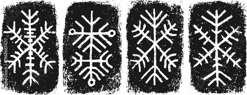 Abstract white nordic runes on black textured background set of four vintage scandinavian symbols