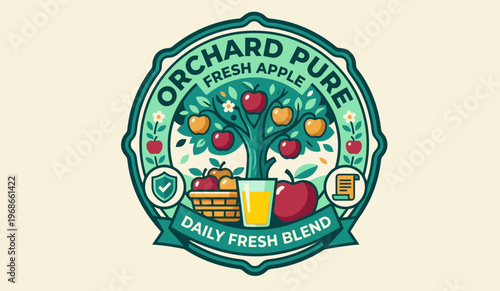 Design for orchard pure fresh apple packaging label with daily fresh blend details and visual elements including apples and a drink