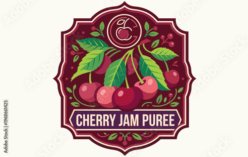 Cherry jam puree packaging design shows a detailed label with cherries and leaves in a modern style