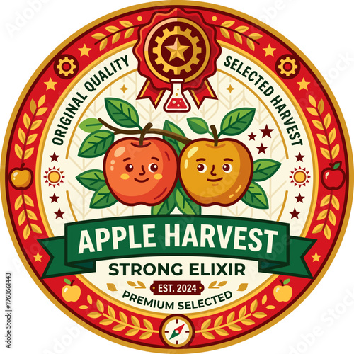 Apple harvest strong elixir packaging design label showing original quality and premium selection for 2024