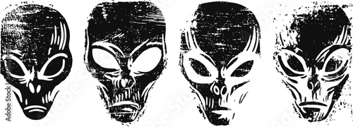 Alien faces set black and white textured extraterrestrial heads sci fi, mystery, fantasy, otherworldly, unknown life concepts