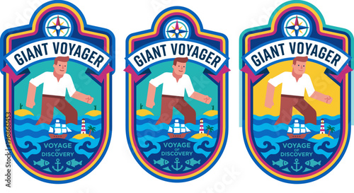 Packaging design label for Giant Voyager with voyage theme and character standing on water