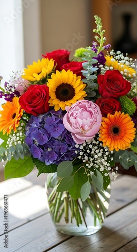 Vibrant Floral Bouquet in Glass Vase on Wooden Surface.