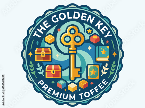 Design for golden key premium toffee packaging label with colorful elements and a vintage look