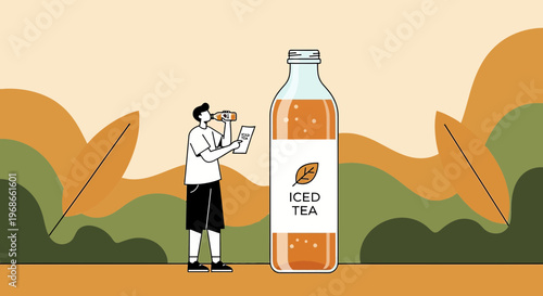Man Drinking Iced Tea Next to Large Bottle, Refreshing Beverage Illustration