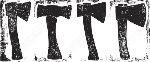 set of four vintage axes with rough textured black silhouettes on white background
