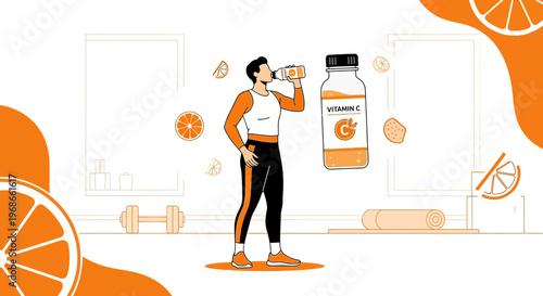 Man drinking vitamin c beverage in gym, healthy lifestyle