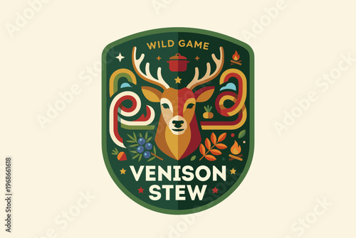 Vector design of packaging label for wild game venison stew featuring deer and colorful elements