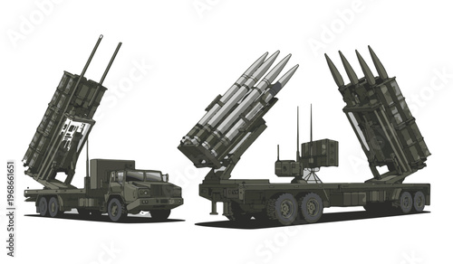 Tactical ballistic missile launcher truck set for national defense with mobile rocket battery illustration.