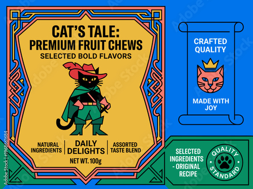Premium fruit chews packaging design featuring a bold cat character in colorful SVG vector format