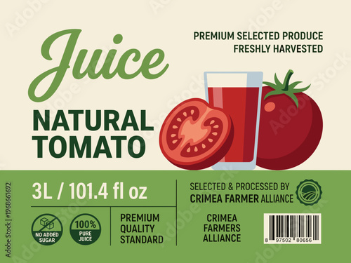 Juice label design for natural tomato packaging featuring fresh produce information and quality standards