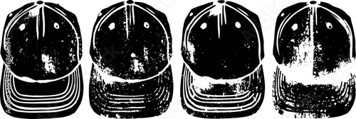 Four baseball caps lined up in a row viewed from above, showing crown and brim details