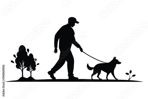 man walking with dog silhouette line art vector illustration with a white background