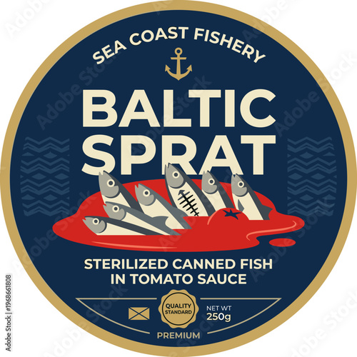 Packaging design label for Baltic sprat canned fish in tomato sauce shows details of the product and its specifications