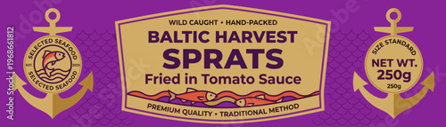 Packaging design for Baltic Harvest sprats in tomato sauce with wild caught and hand-packed label details