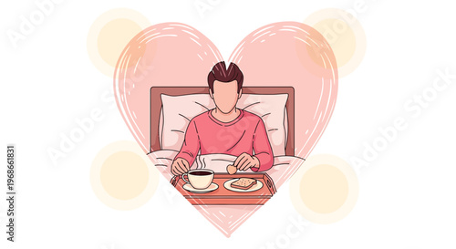 Man Eating Breakfast in Bed Inside a Heart Shape Frame