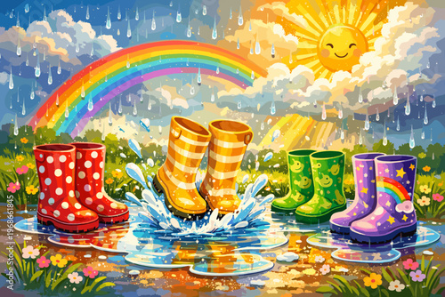 Colorful Rain Boots in Puddle with Rainbow and Sunny Sky Playful Weather Illustration