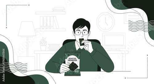 Man Eating Roasted Seaweed Snacks at Desk