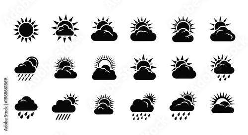 Large collection of black weather icons including various combinations of sun, clouds, rain, and snow on a white background.